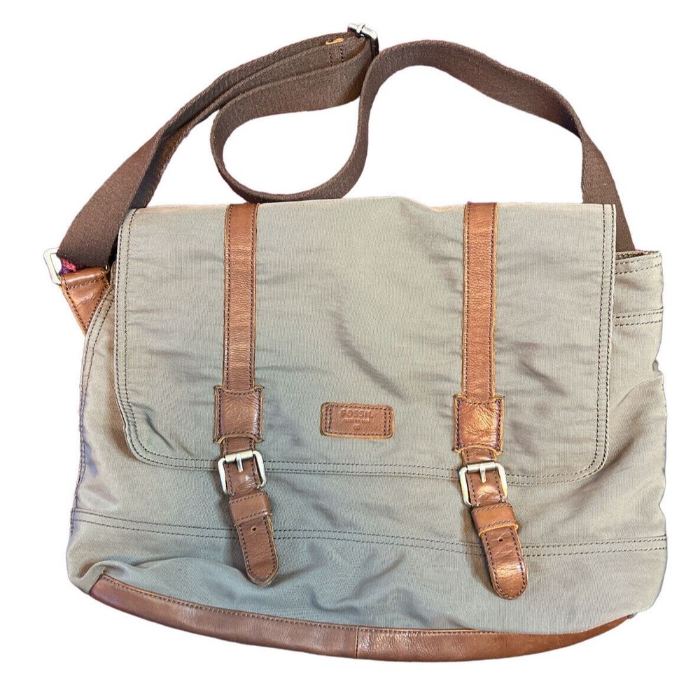 Fossil Canyon Nylon Shoulder Messenger Laptop Bag Ash Gray/Green‎